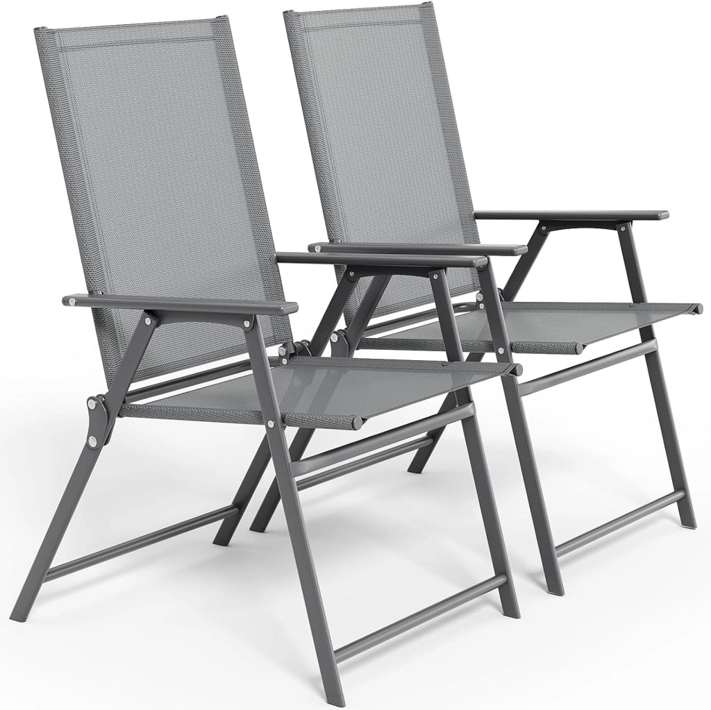 Set di 2 Sedie da Giardino Pieghevoli, Sedie da Campeggio con Schienale e Braccioli, Struttura in Metallo, Portata 120kg, Sedia Pieghevole Leggera per Balcone, Terrazza, Grigio Scuro