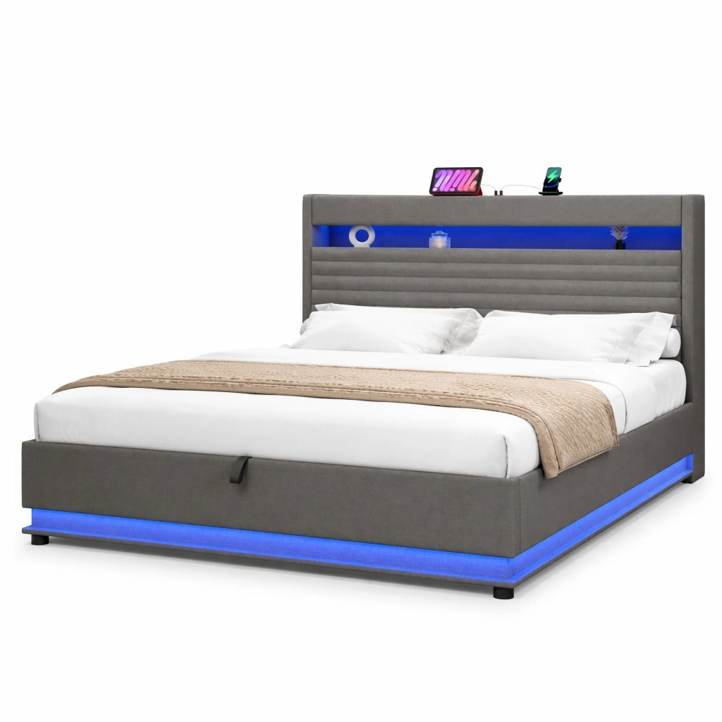 Letto matrimoniale imbottito 180x200 cm con contenitore; LED; USB e USB-C; in lino grigio