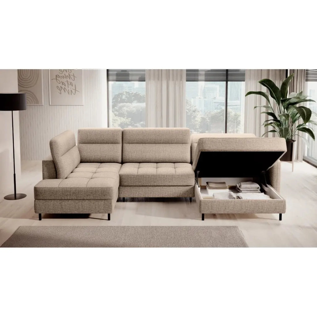 Divano angolare convertibile BERTHO 306 cm beige chiaro effetto melange – Angolo destro con contenitore
