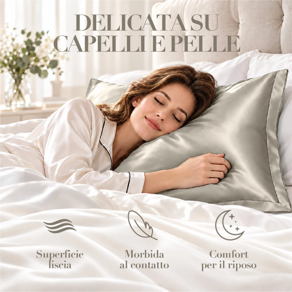 Federa 100% Seta Di Gelso 50x80Cm Con Volant da 5 Cm Retro In Tencel Di Eucalipto Anticrespo Anti-Age Rigenerante Cromoterapia Certificate OekoTex Chiusura Zip Crema