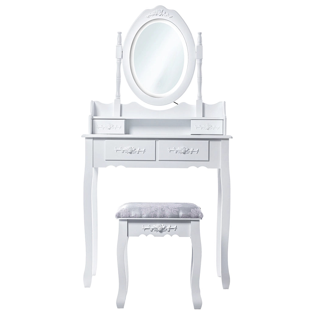 Tavolo da trucco KADAX con specchio e sgabello, bianco, 75x147 cm