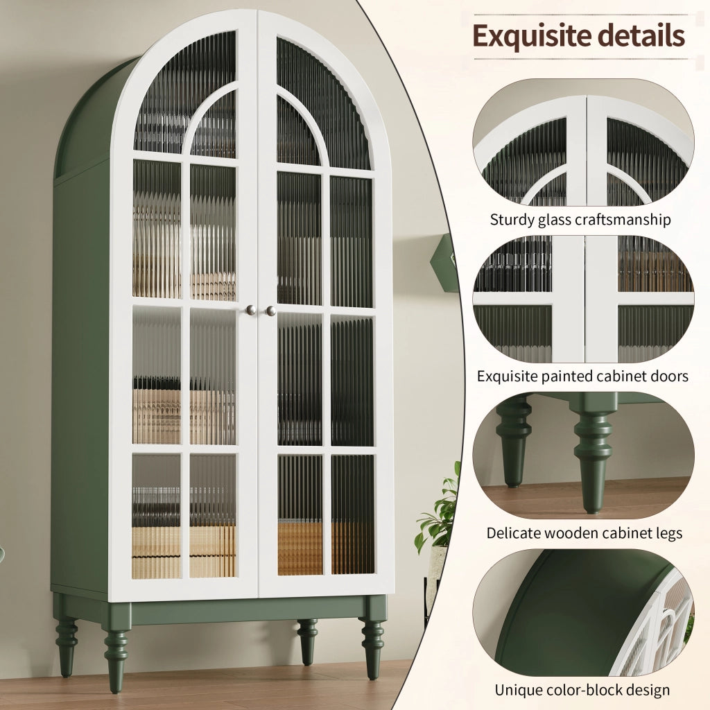 Vetrina ad arco con doppie ante in vetro rigato, 3 ripiani, MDF e metallo, verde, 76 × 38,5 × 165 cm