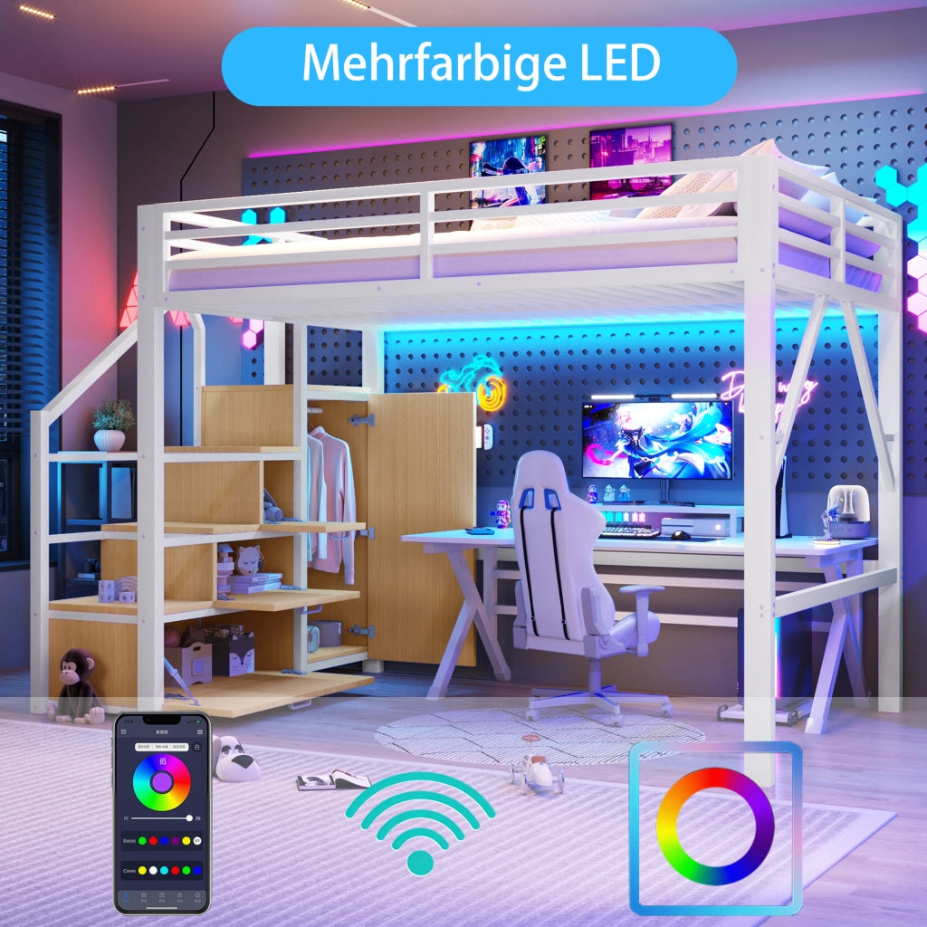 Letto a soppalco 140 × 200 cm con 3 vani contenitore, armadio, LED, senza materasso, bianco