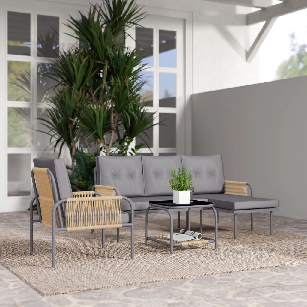 Set Salotto da Giardino Divano con Chaise Longue Poltrona e Tavolino in Rattan Grigio