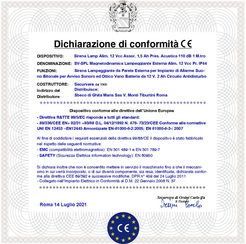 Sirena Con Lampeggiante a Led da Esternoa Frequenza A/B 1724/2475 Hz Melodia Bitonale 110 dB Allarme Caduta +/- Alimentazione 12 V Segnale di Stato Impianto Antifurto Può Contenere Batteria 12 V 2 Ah