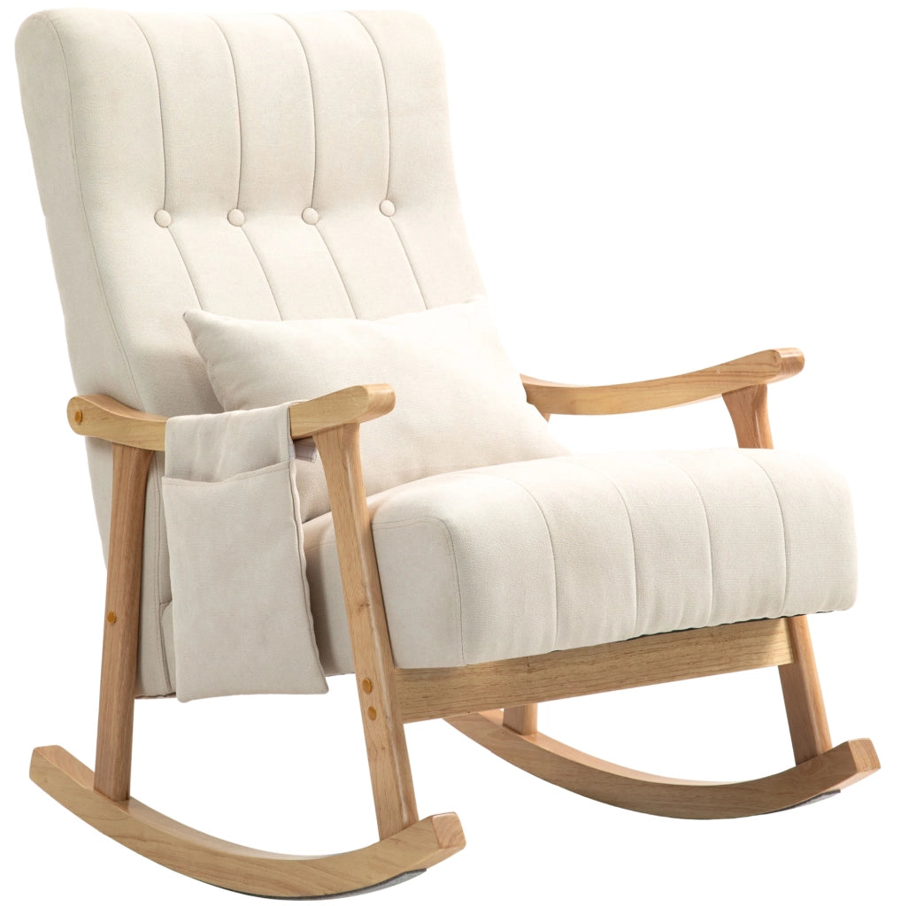 Poltrona a dondolo 65x90x98 cm con tasche laterali e cuscino lombare in poliestere beige