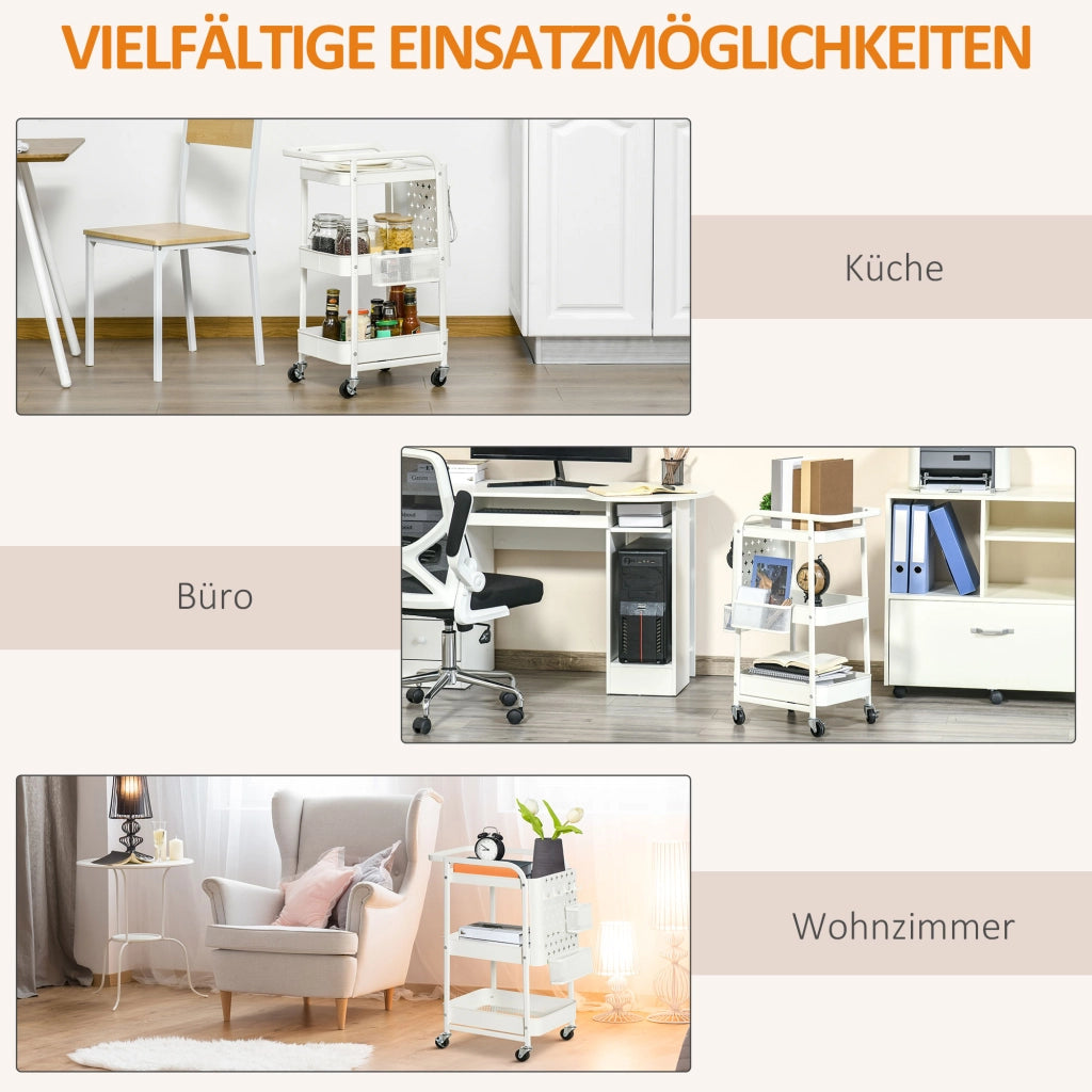 Carrello da Cucina ¨C Xylo ¨C con Pannello Forato, Portasciugamani e Cestini, 51,5x32x75,6 cm, Bianco