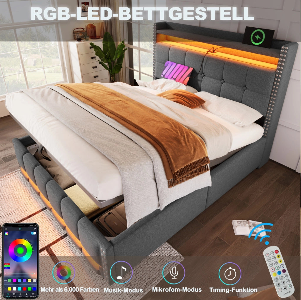 Letto matrimoniale imbottito 160x200 cm con LED, USB e contenitore
