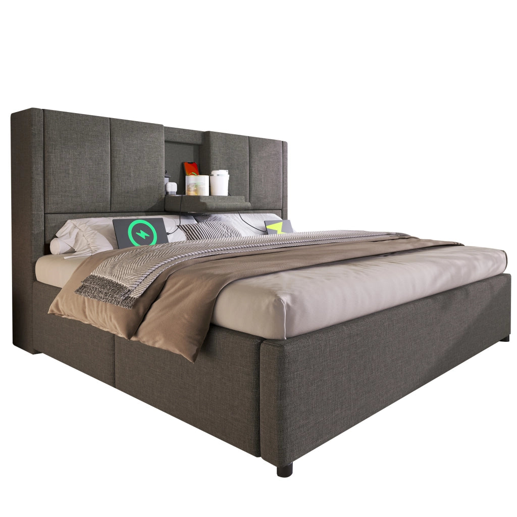 Letto matrimoniale imbottito 140x200 cm in lino grigio con contenitore; USB e portabicchieri