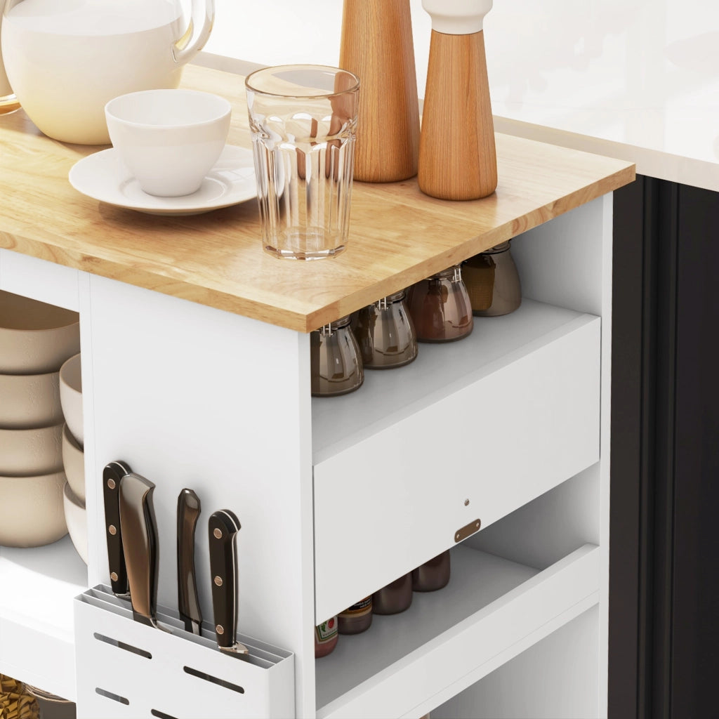 Carrello da Cucina Piano in Legno Isola Multiuso con Portaspezie e Portasciugamani 86,5x47x88 cm in Legno Bianco