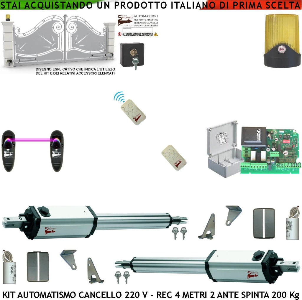 Cancello Automatico 4 MT 2 Ante Kit 2 Motori 230 V Stelo Retrattile 2 Radiocomandi Fotocellule Faro Selettore Cartello Monitore Centrale Riprogrammabile Luce di Cortesia Apertura Condominiale Pedonale