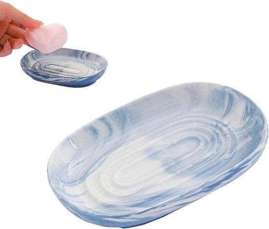 Detersivo Ceramico in Stile Marmo, Bacinella Ronda in Ceramica, Idoneo per Bagno, Doccia, Cucina (Blu)