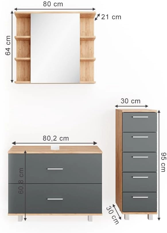 Set mobili bagno Ilias, Antracite/quercia dorata, 80 cm, composto da mobile sottolavabo, specchiera e mobile medio
