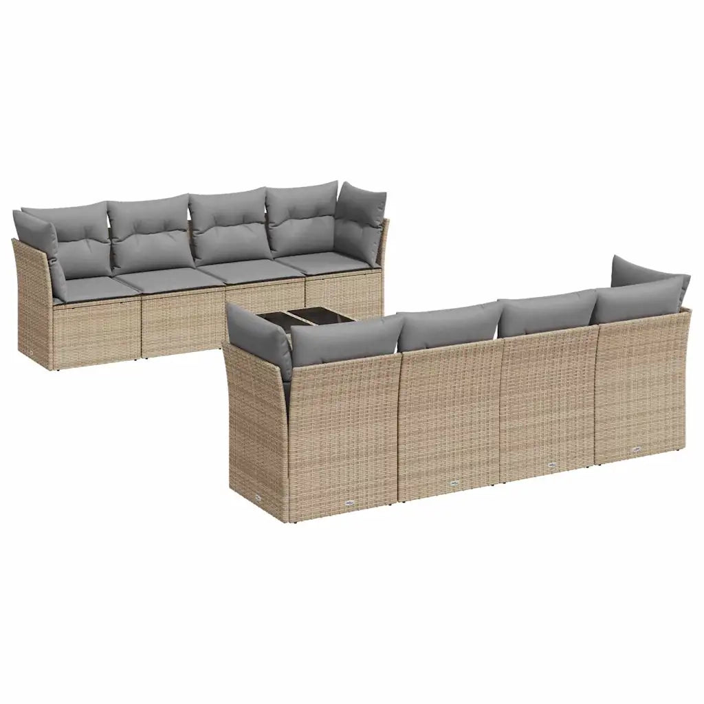 Set Divano da Giardino 9 pz con Cuscini Beige in Polyrattan