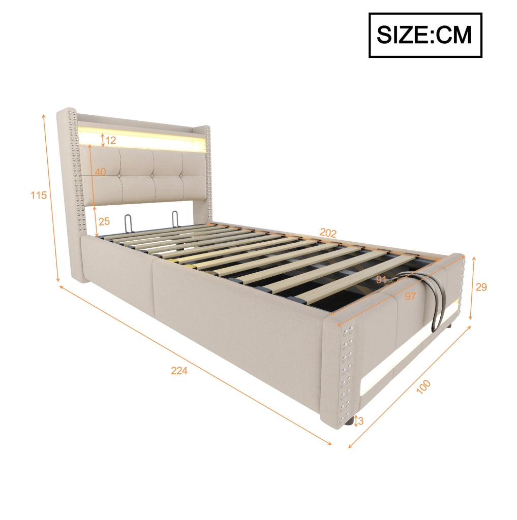 Letto imbottito 90x200 cm con LED; contenitore e porta USB in lino beige