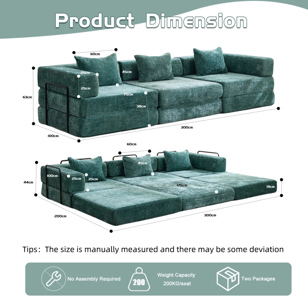 DIVANO LETTO Pieghevole Modulare in Ciniglia Verde Scuro 300x100x63 cm