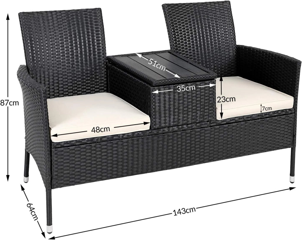 ® Panchina da Giardino Poly Rattan 143x64x88cm Tavolino Portaoggetti Salottino Outdoor Balcone Terrazza 2 posti