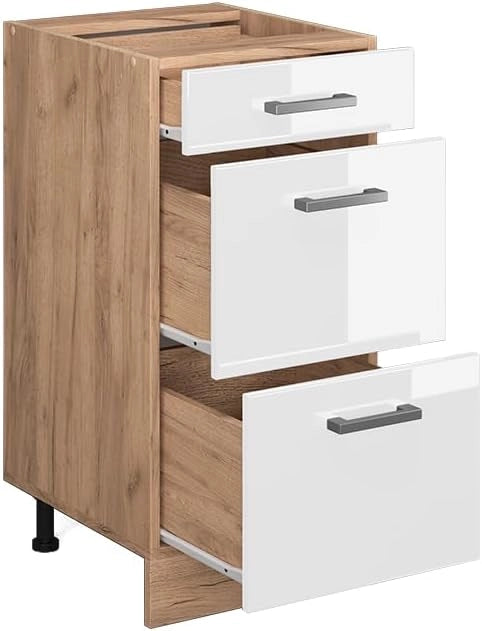 Mobiletto base per cucina R-Line, Bianco lucido, 40 cm con cassetti, senza piano di lavoro, per la libera combinazione all'interno di sistemi cucina modulari