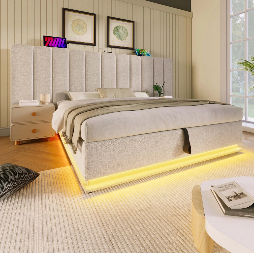Letto matrimoniale 180x200 cm con contenitore; LED 360掳; USB e Type-C; beige in lino