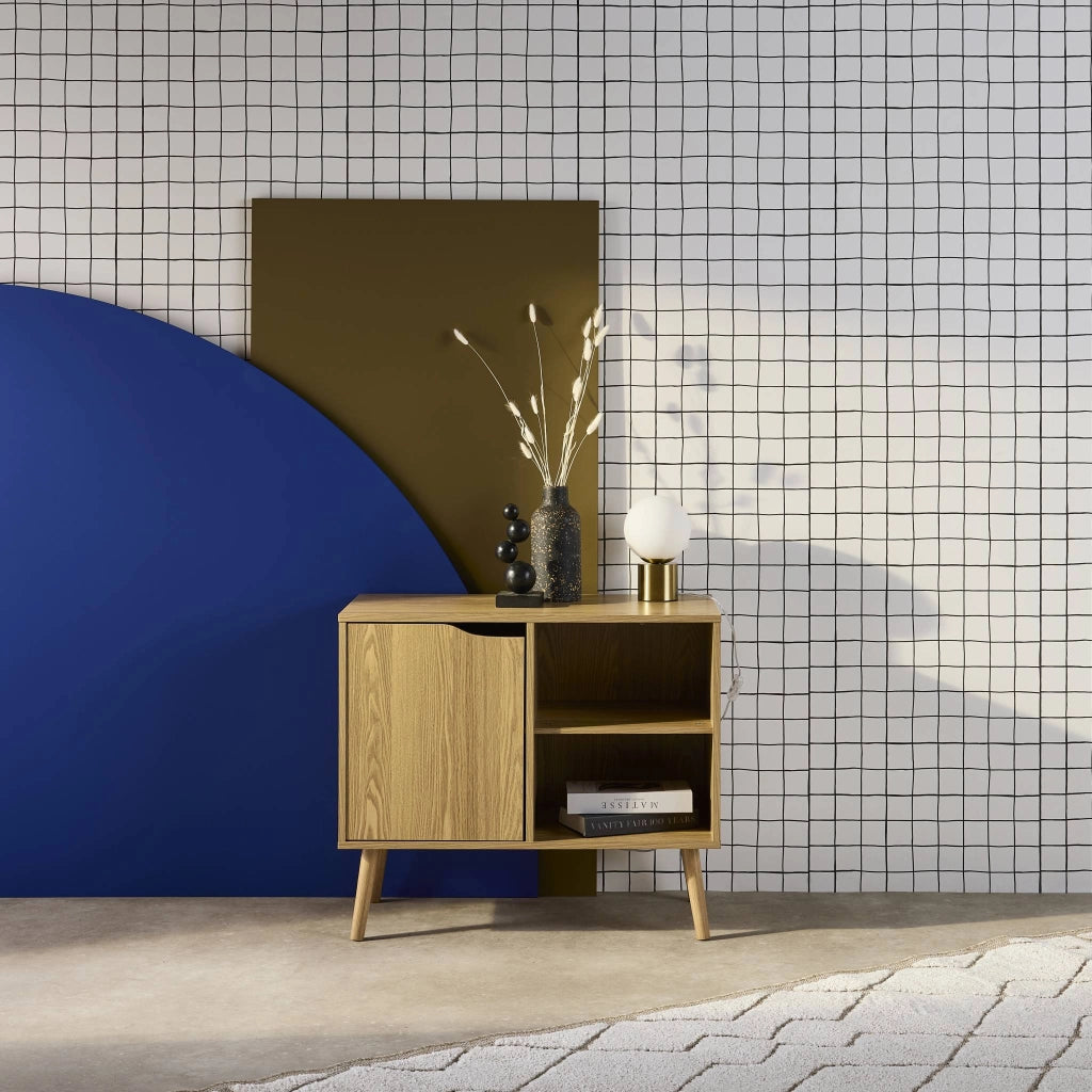 Credenza effetto noce 1 anta, 2 ripiani, 80cm, effetto frassino