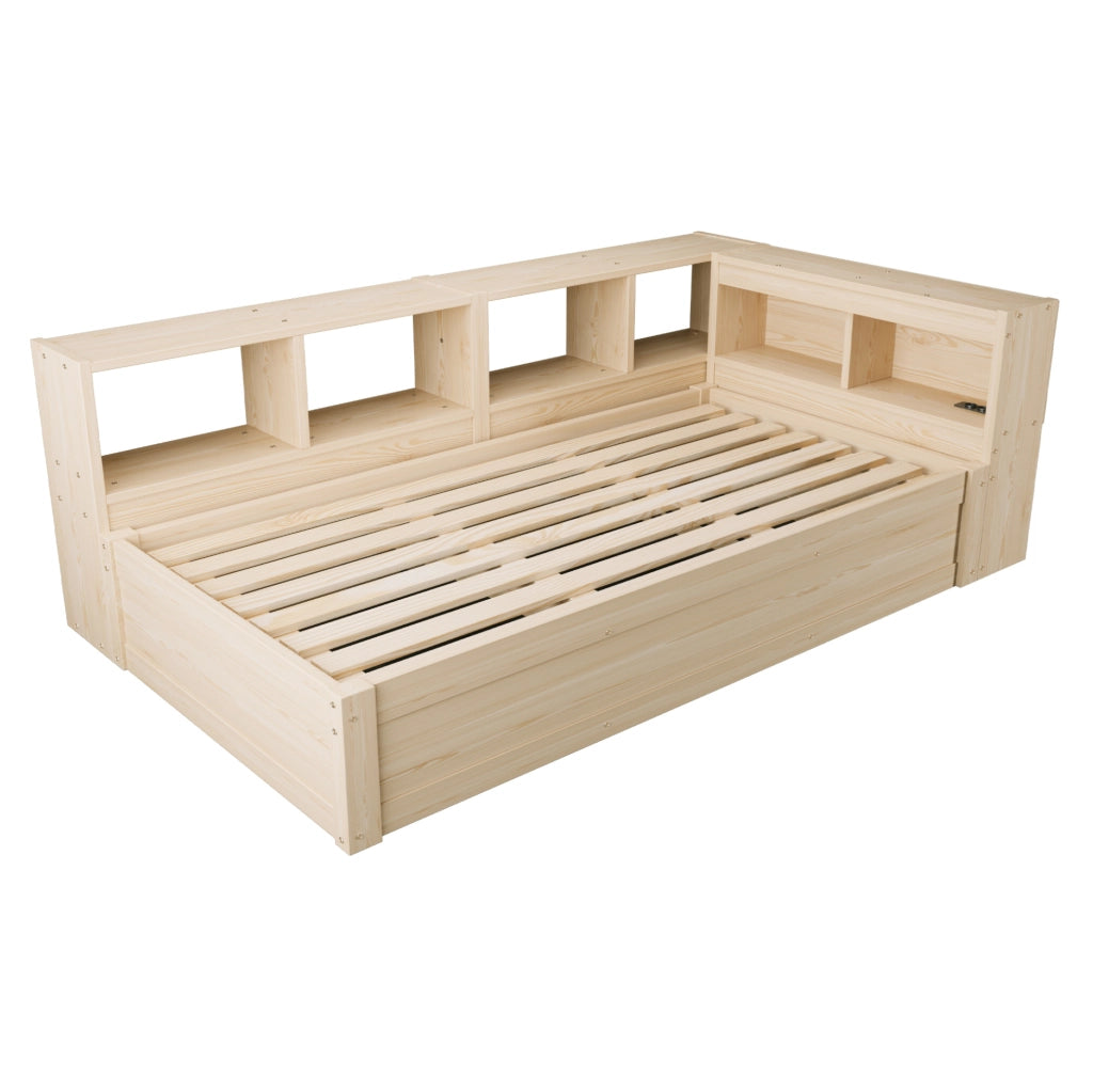 Letto multifunzione 90x200 cm in legno; compensato e MDF con LED; presa e contenitore; naturale