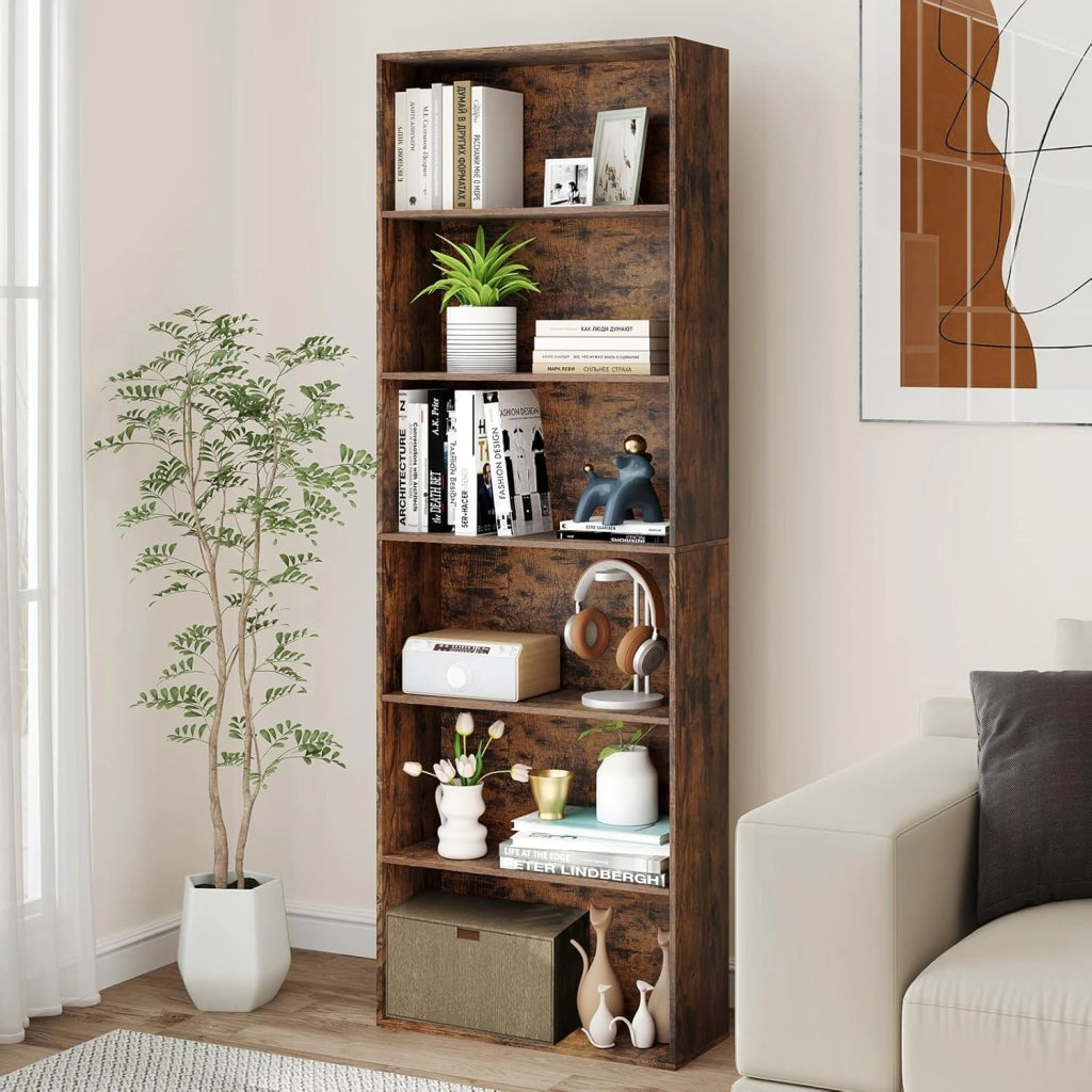 Libreria a 6 Livelli, Mobile Contenitore Aperto con 2 Kit Anti-Ribaltamento, Piedini Antiscivolo, Scaffale Moderno per Soggiorno, Camera da Letto e Ufficio, 660 x 23,5 x 178 cm (Marrone)