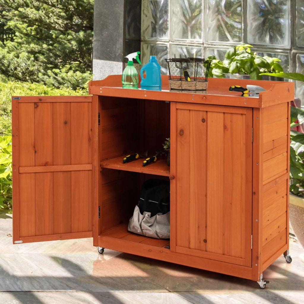 Armadio di stoccaggio in legno con ripiano rimovibile e 4 ruote universali, Casetta da giardino Naturale-Casette da giardino