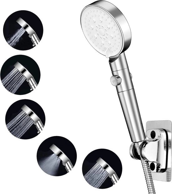 Douche a mano con tubo da doccia in acciaio inox da 1,5 m e 5 modalità di getto regolabili, doccia a mano a alta pressione per riduzione del consumo idrico per adulti bambini animali domestici uso casalingo e palestra