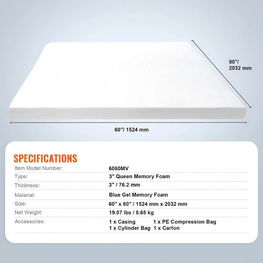 Mattress Topper, Queen Size, 76.2 Mm Thick, Soft Memory Foam Layer, Premium Cooling Gel Infusion, Removable And Washable Cover, Compressed Package For Quick Setup, Comfortable Support For Any Bed