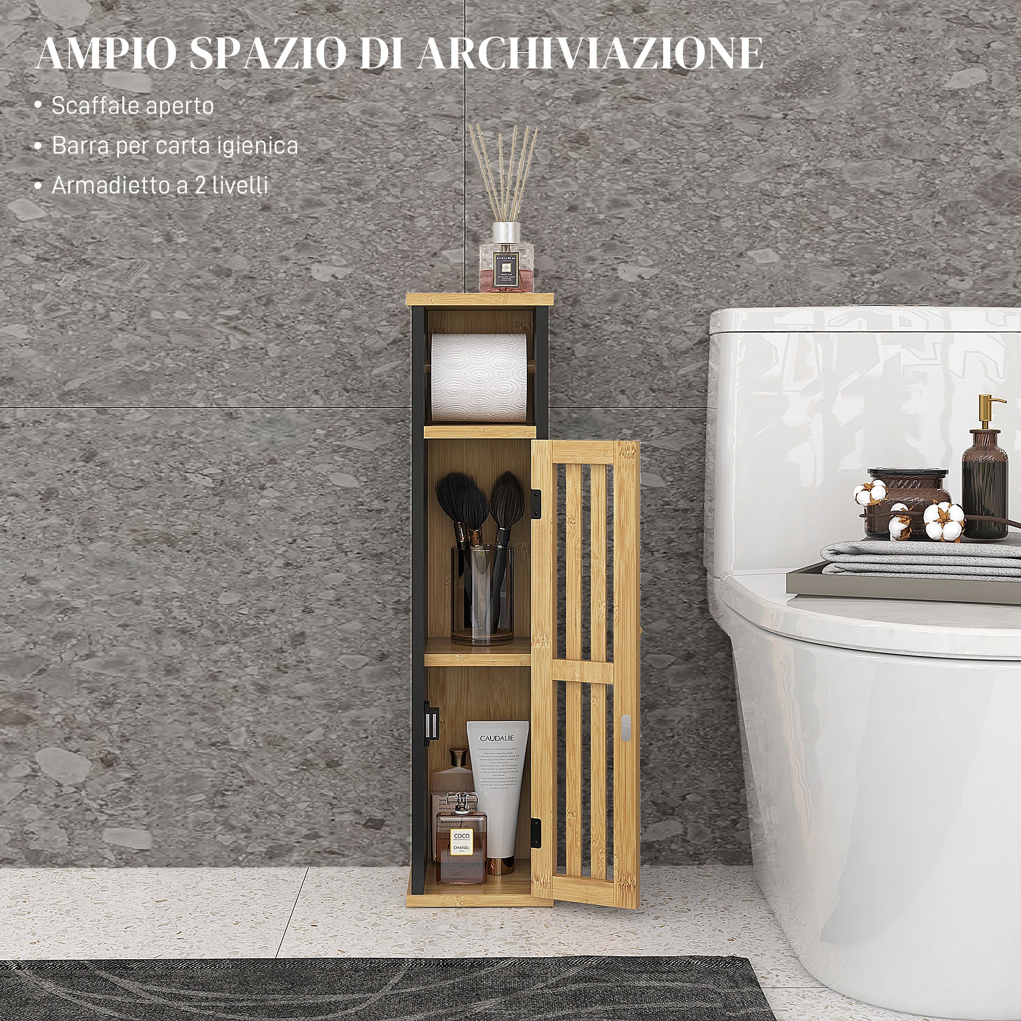 Mobiletto Bagno con Ripiano Aperto e Armadietto 18x18x75 cm in Bambù e MDF Nero e Color Legno