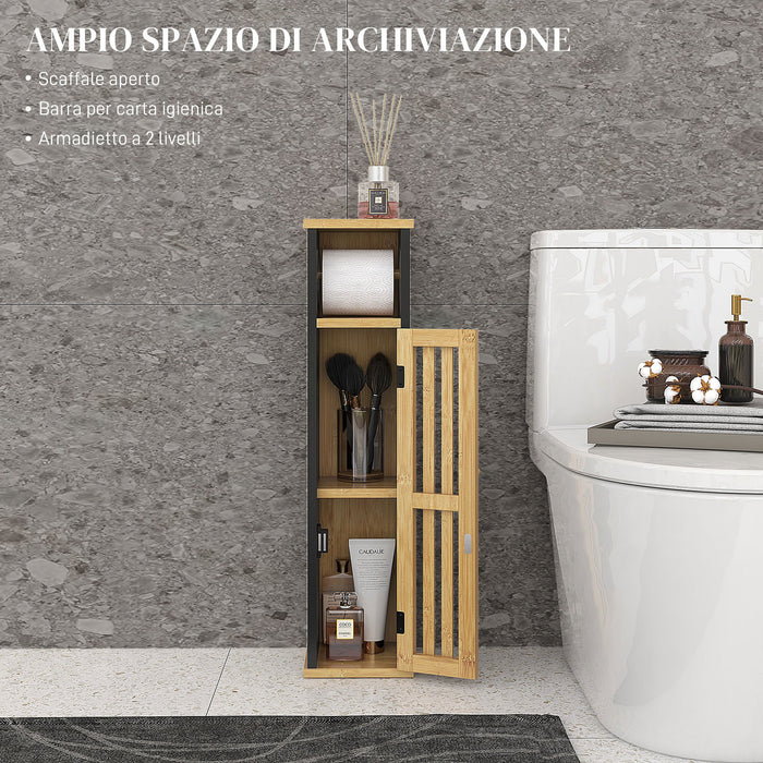 Mobiletto Bagno con Ripiano Aperto e Armadietto 18x18x75 cm in Bambù e MDF Nero e Color Legno