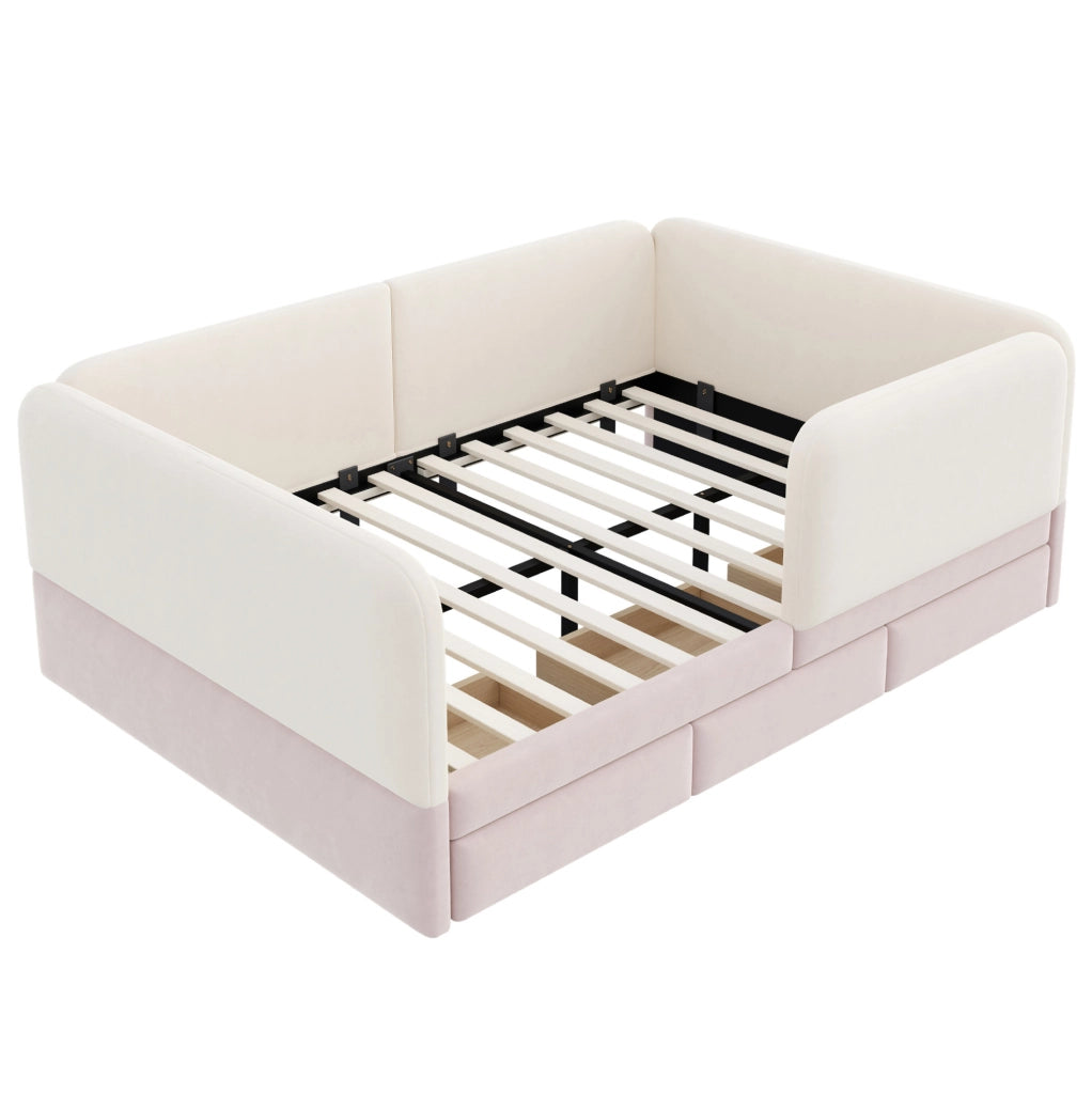 Letto imbottito per bambini 208x147x67 cm con protezione perimetrale in velluto beige e rosa