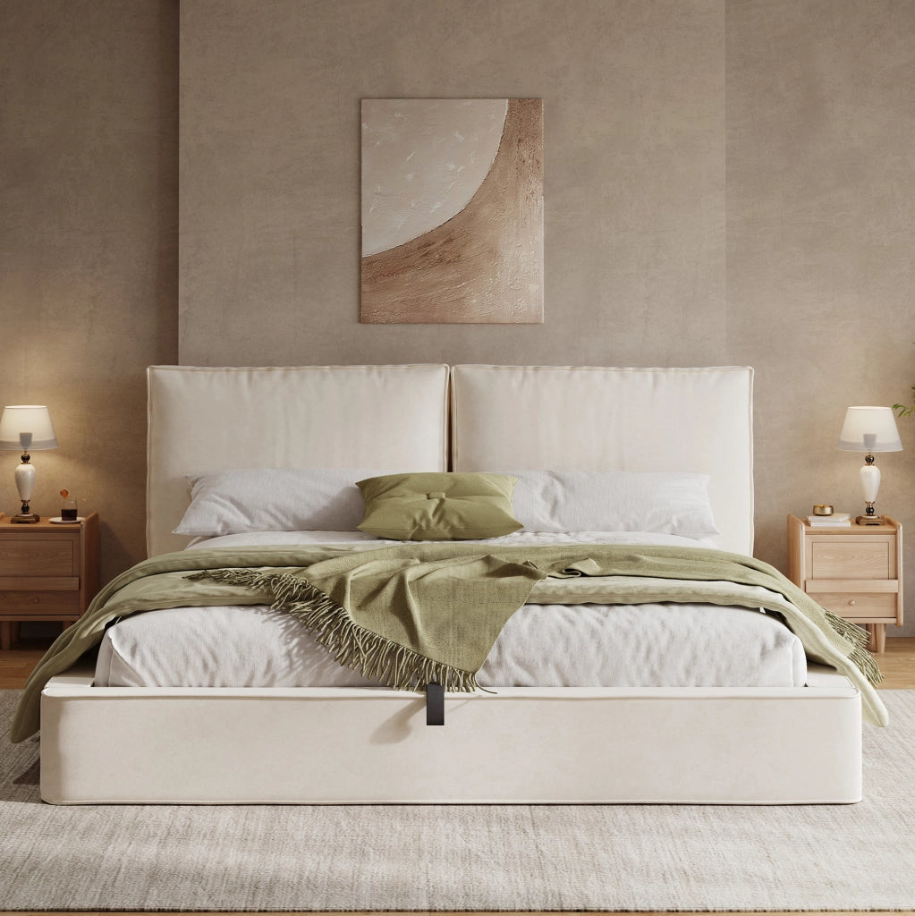 Letto matrimoniale imbottito 180x200 cm con contenitore idraulico; velluto beige; rete inclusa