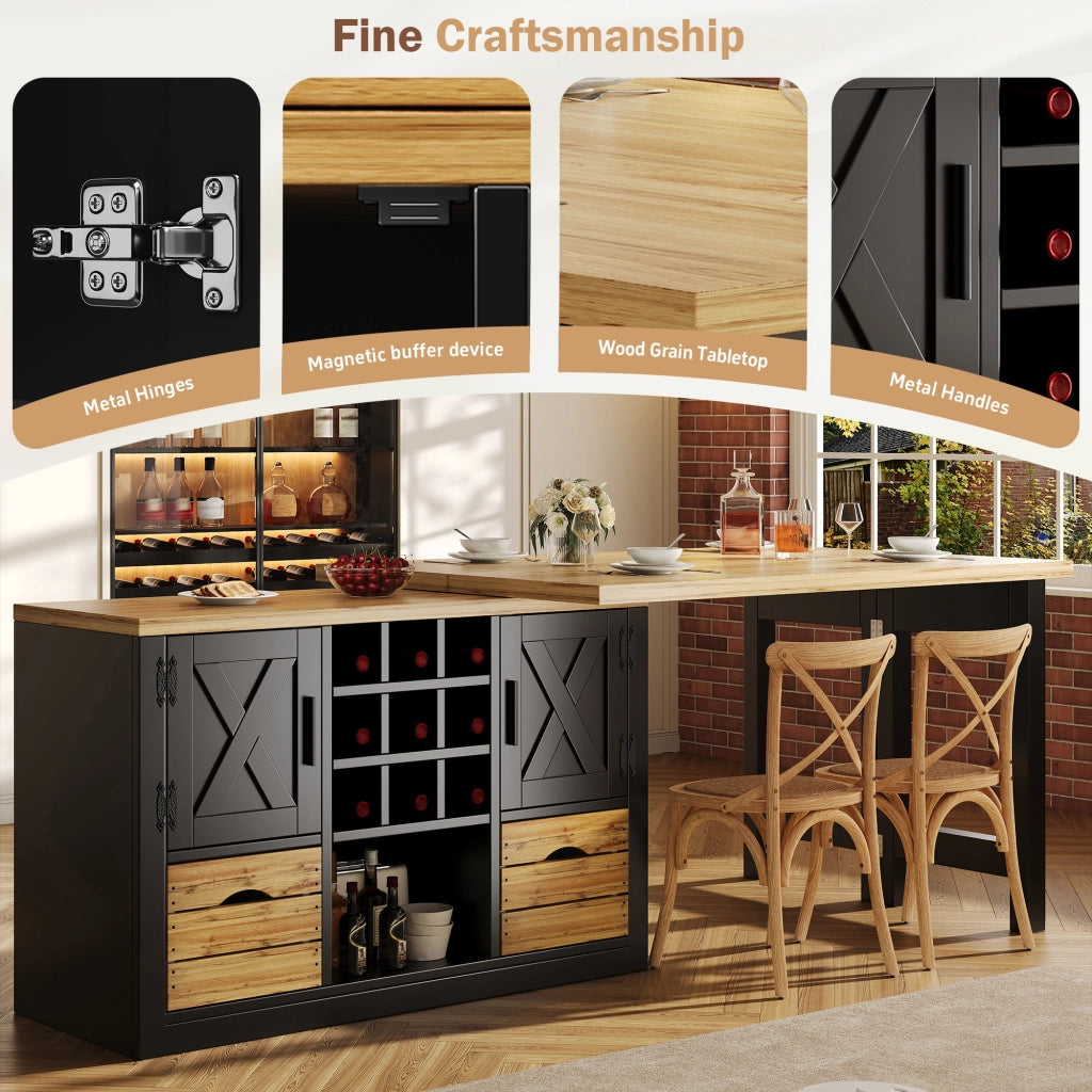 Tavolo allungabile con credenza, piano girevole 360°, 1 cassetto, per cucina e soggiorno, nero, 120 × 40 × 72 cm