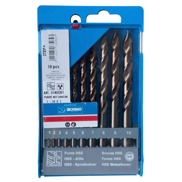 KRINO ASS10PUNTERETTSTEP110 Set di punte elicoidali HSS-G completamente rettificate con geometria a gradini 10 pezzi diametro 1-10 mm con incremento da 1 mm colore Nero