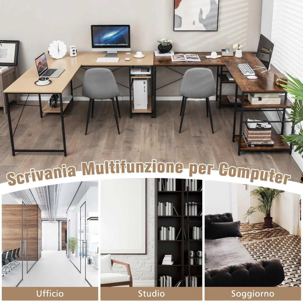 Scrivania Angolare per Computer con Supporto per Monitor, Scrivania Porta PC in Legno, Scrivania Salvaspazio e Moderna per Ufficio e Studio, 242 x 60 x 75 cm (Naturale)