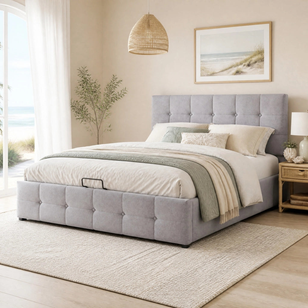 LETTO Contenitore 140x200 cm in Velluto Grigio con rete a doghe