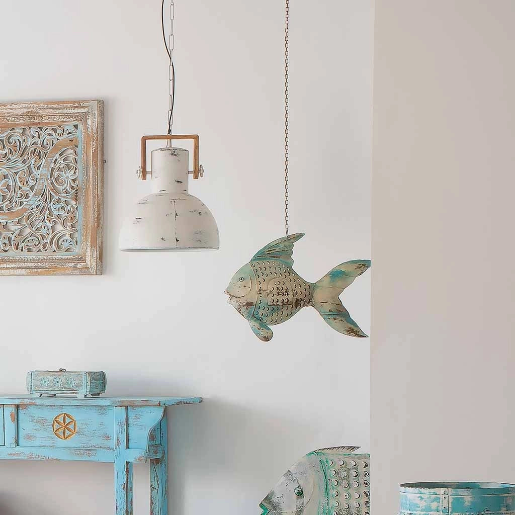 Portacandele in metallo invecchiato blu a forma di pesce, 56x10x42h cm