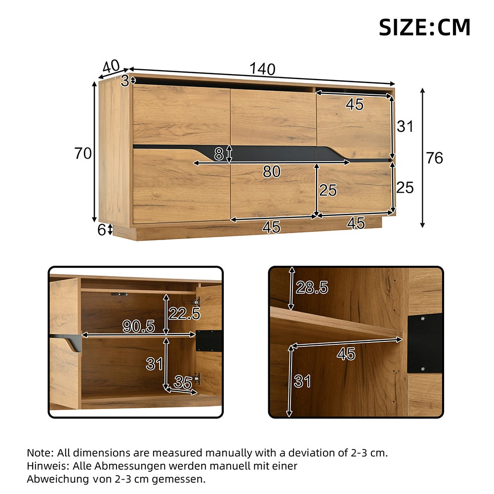 Credenza Soggiorno 140x40x76cm - Xylo - 3 Ante Regolabili, Colore Legno e Nero