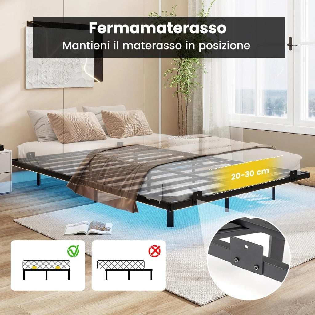 Telaio Letto Galleggiante, Letto Matrimoniale 140 x 200 cm in Metallo con Luci LED Fissaggio per Materasso, Doghe Resistenti a Carico Pesante, Carico 400 kg