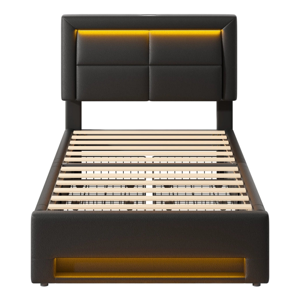 Letto imbottito 90x200 cm con LED, USB e 4 cassetti