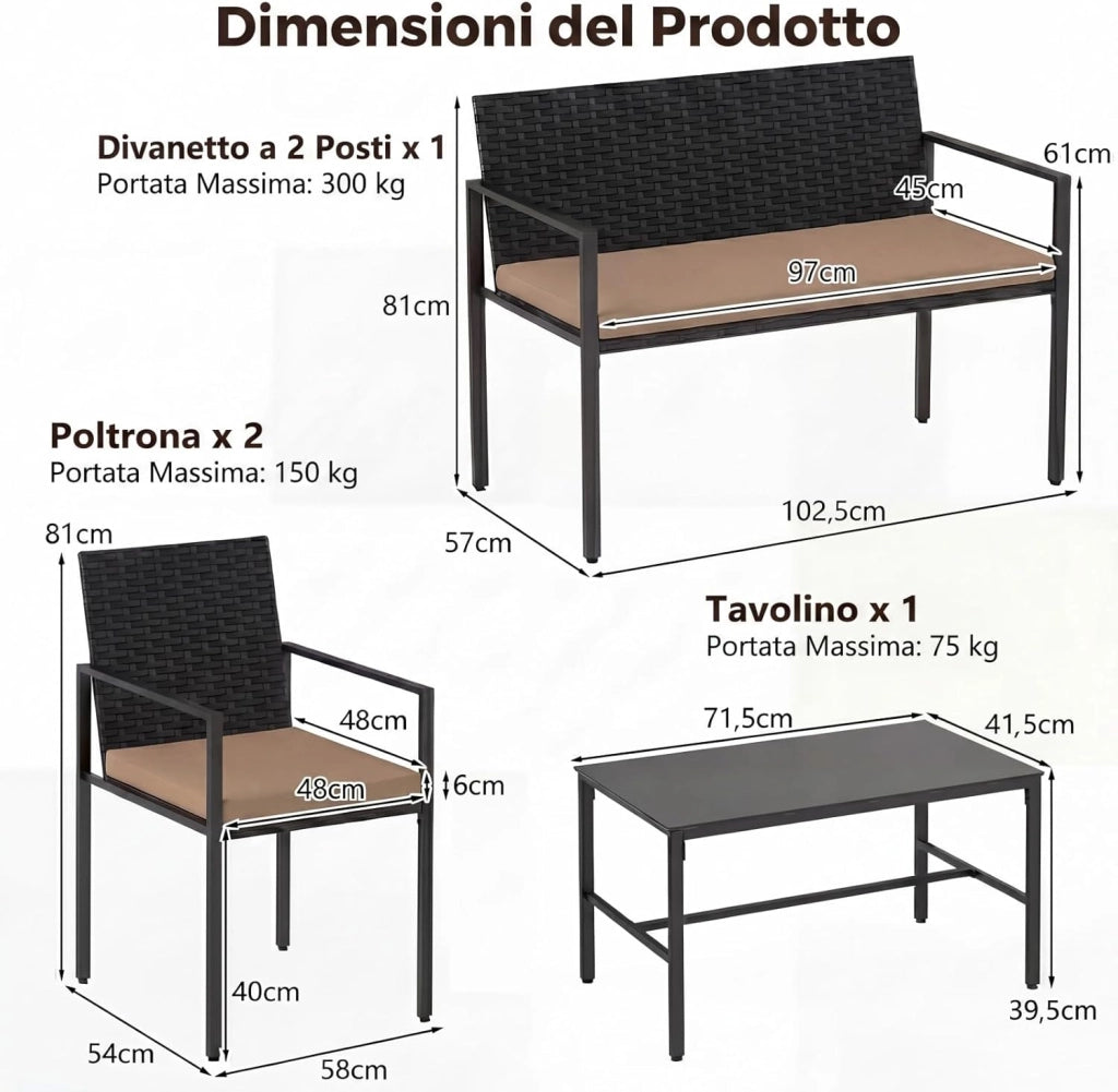 Set Salotto da Giardino in Rattan 4 Pezzi, Set Mobili da Eterno con 2 Poltrone, Divano a 2 Posti, Tavolino con Piano in Vetro Temperato e Comodi Cuscini per Cortile, Bordo Piscina (Marrone)