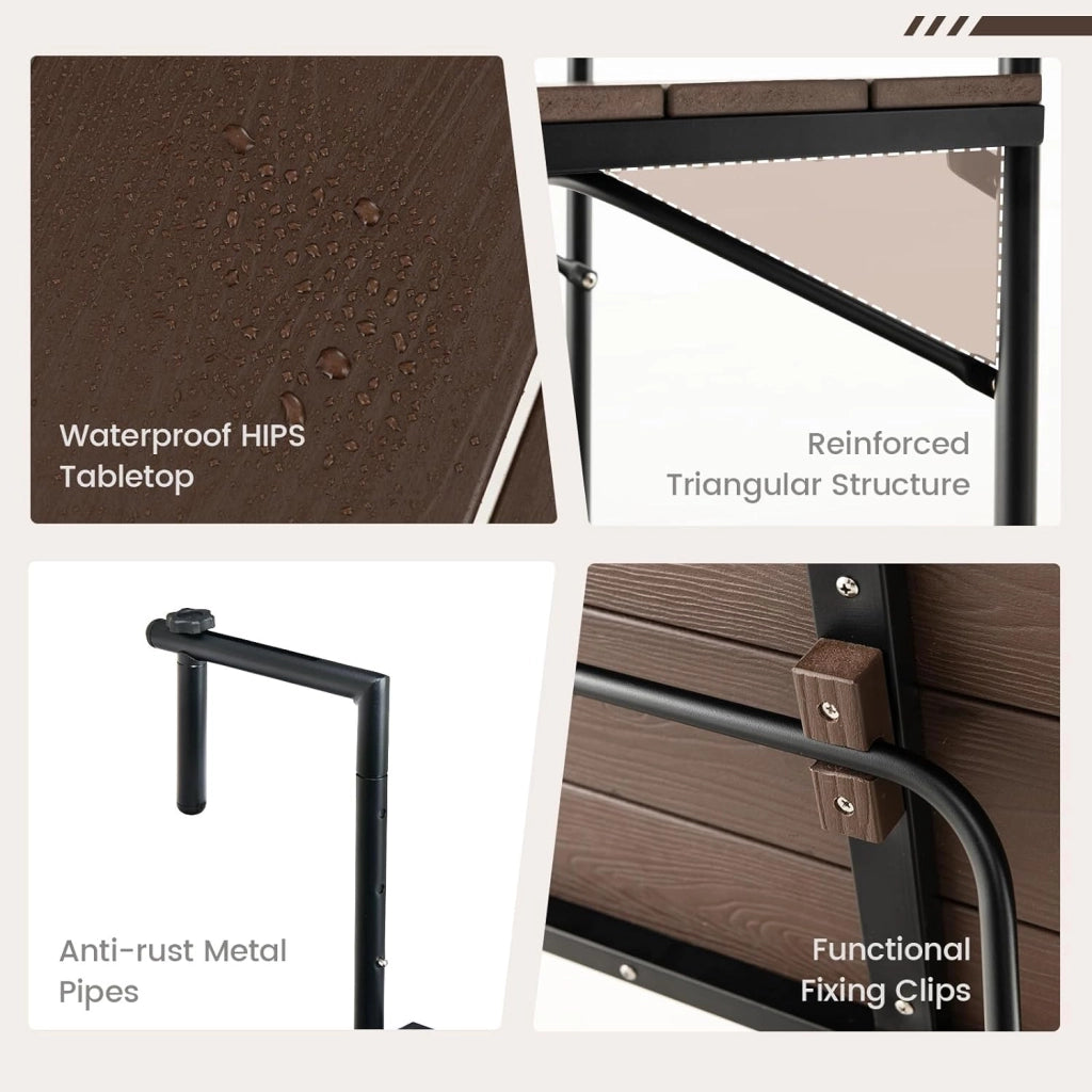Tavolino Pieghevole da Balcone Nero/Marrone, Tavolo Tavolino da Ringhiera Salvaspazio Altezza Regolabile Struttura in Metallo, 72,5x64x60 cm (Marrone)