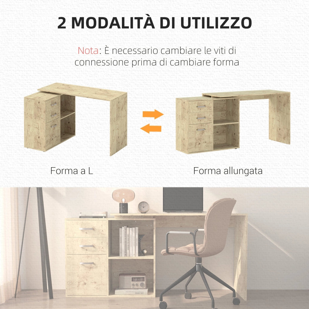 Scrivania da Ufficio Angolare 3 Cassetti e Ripiani Aperti 117x83,5x76 cm in Legno e Metallo Noce