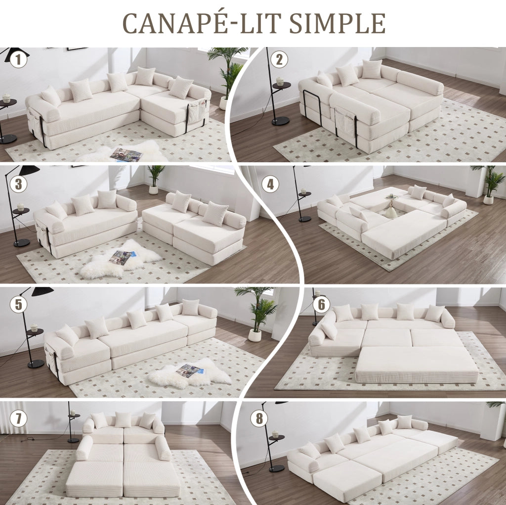 Divano modulare in velluto a coste beige 270x180x64 cm con tasca laterale e funzione letto