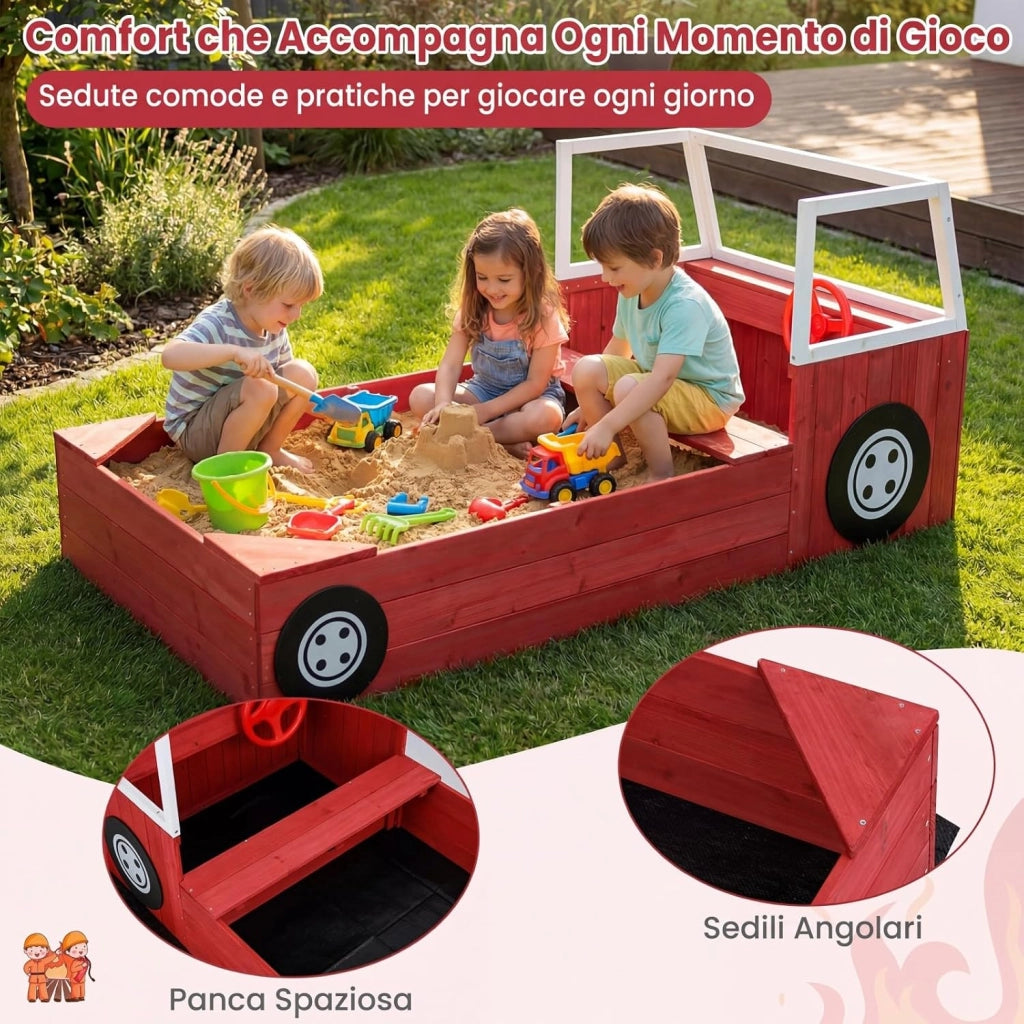 Sabbiera per Bambini in Legno Massello, Sabbionaia da Esterno con Panca Sedile e Fodera, Forma di Autopompa, Gioco per Spiaggia, Cortile e Giardino, 156x80x70 cm