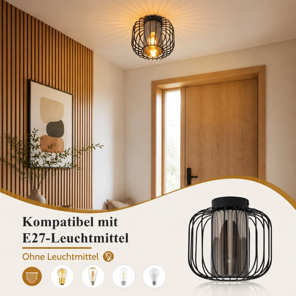 ZMH Lampada a Soffitto Vintage 1 Luce Con Paralume in Vetro E27 Nero Per Ingresso Camera da Letto Senza Lampadine