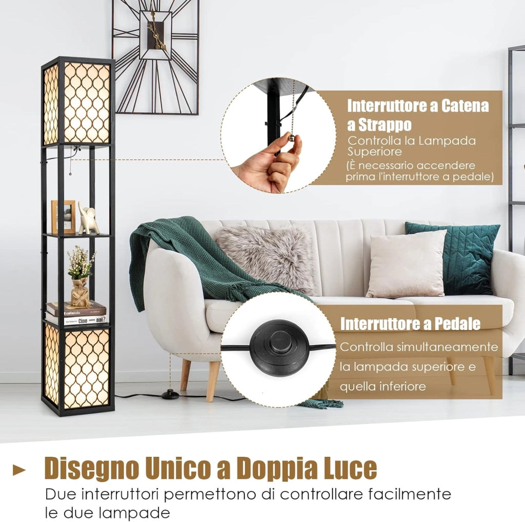 Lampada da Terra Design e Vintage, Lampada a Stelo da Terra con 2 Ripiani, Ideale per Camera da Letto, Soggiorno e Ufficio, 26 x 26 x 156 cm, Nero