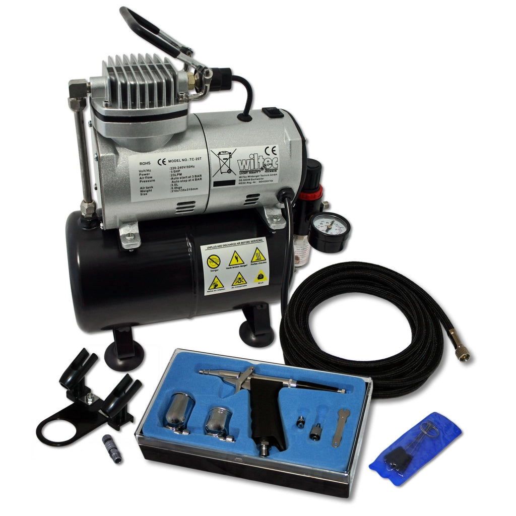 Set aerografia Compressore oil free AS186, Aerografo doppia azione, Accessori con tubo e raccordi