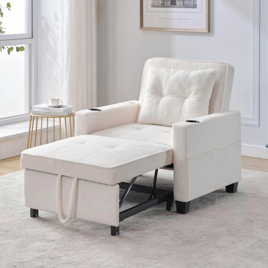 Poltrona letto 3 in 1 87x74x84 cm bianca con USB e portabicchieri, legno e metallo
